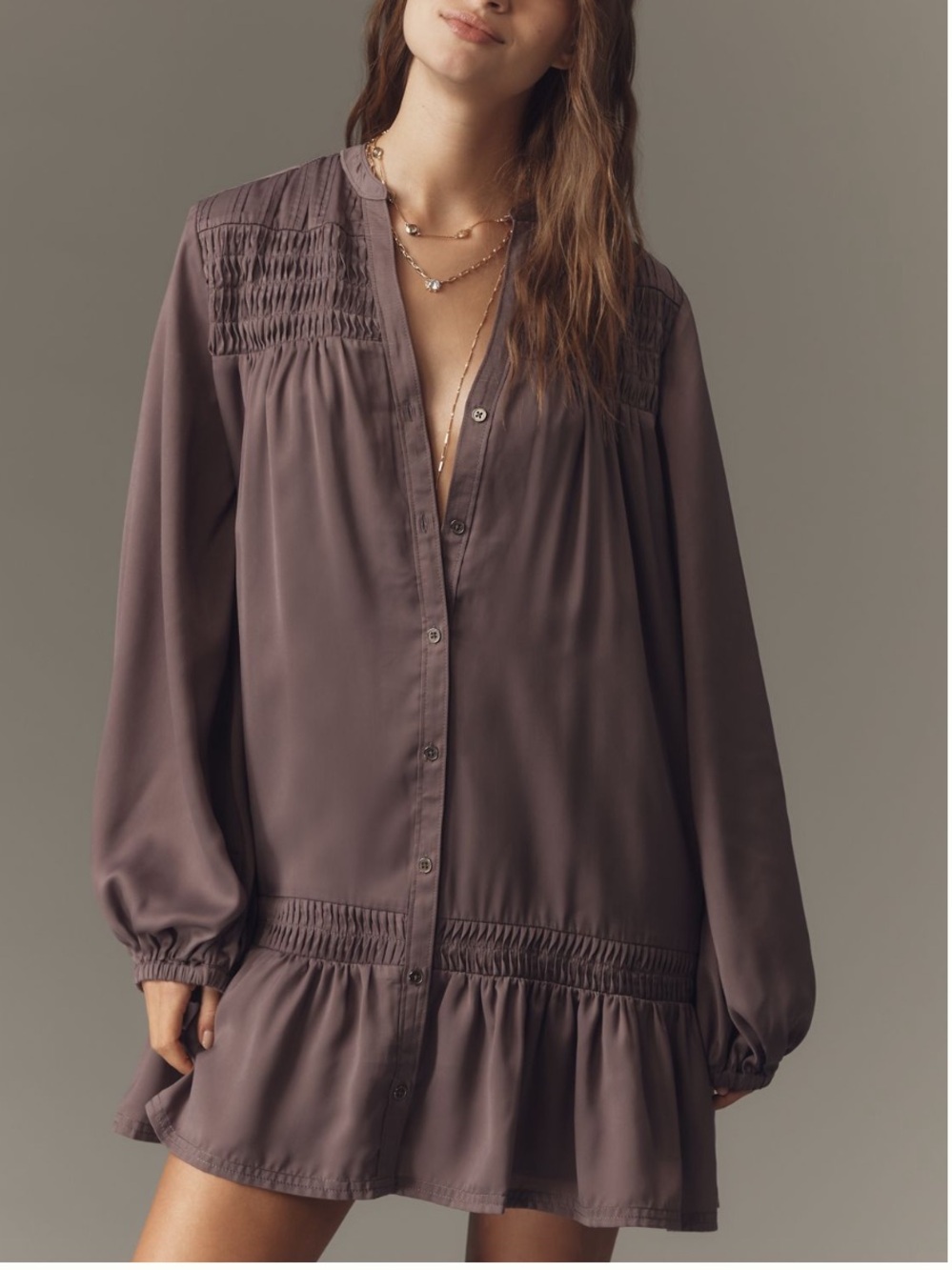 🟤NWT PILCRO Long-Sleeve V-Neck Mini
Shirt Dress in Shark LG